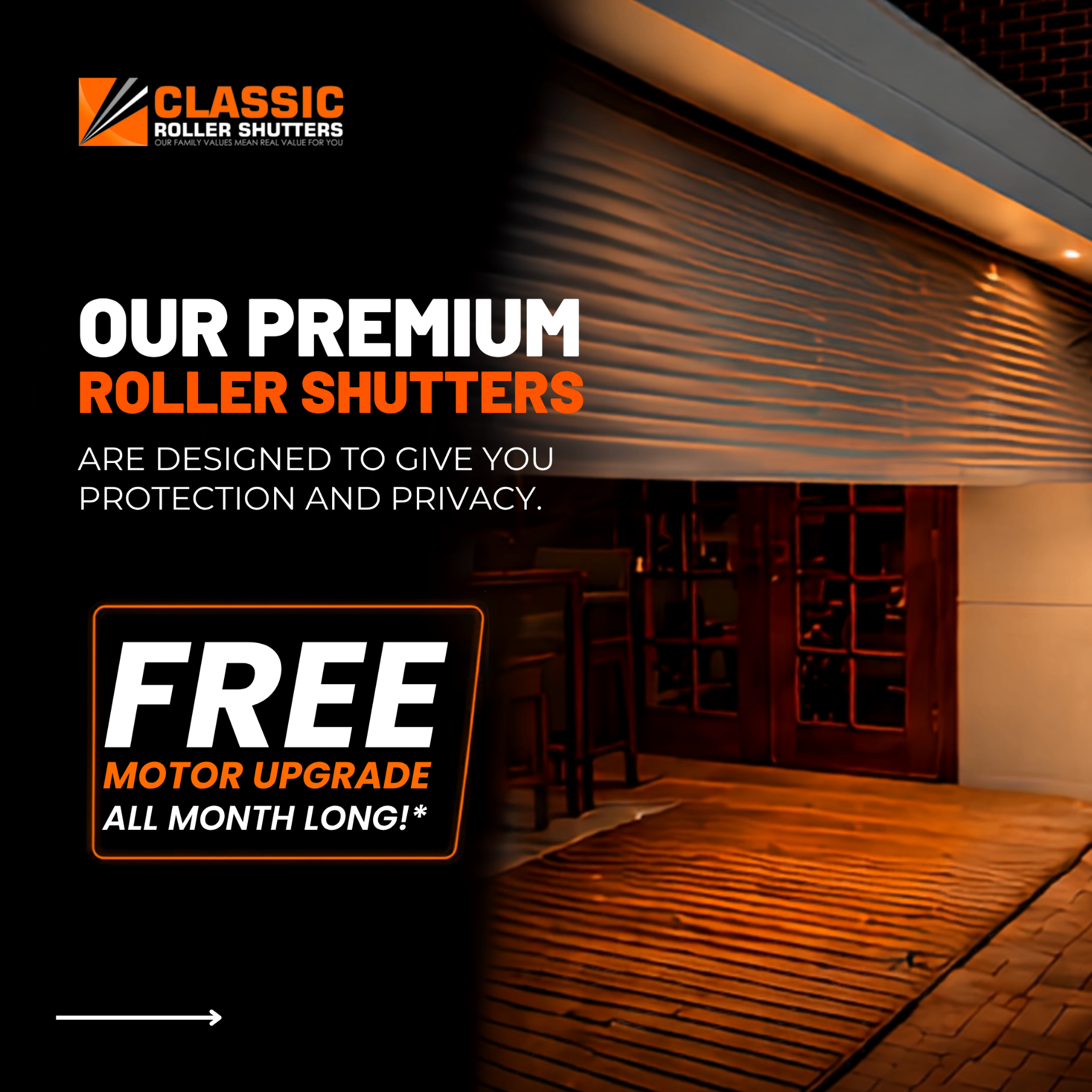 Premium roller shutters — free motor upgrade all month long